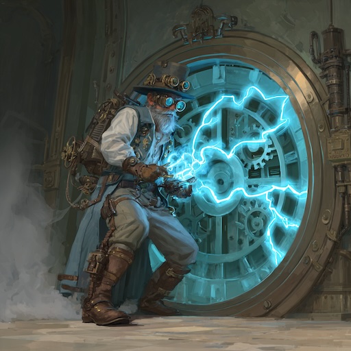 Steampunk villain breaking into a bank vault